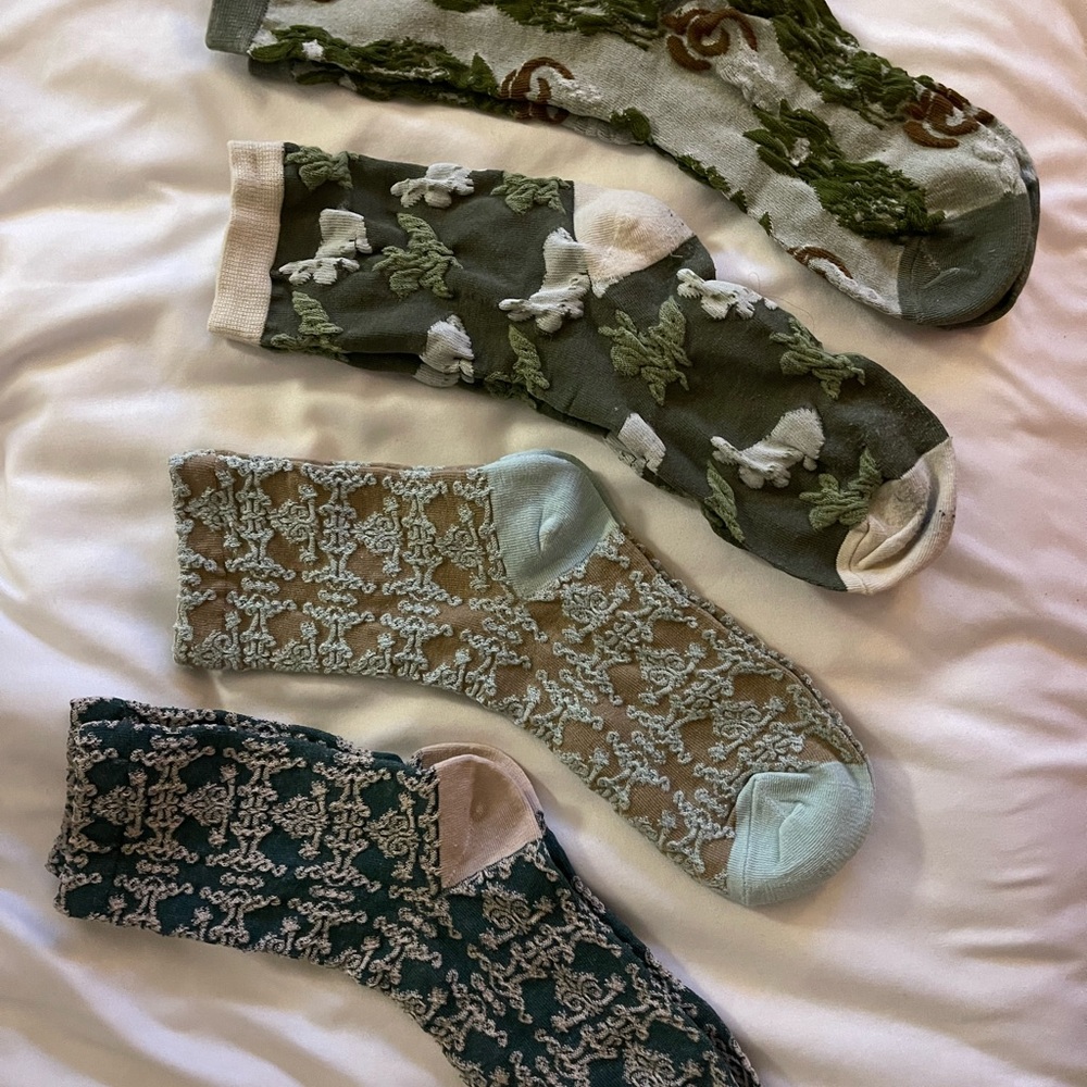 Vintage Patterned Green and Beige Socks Set